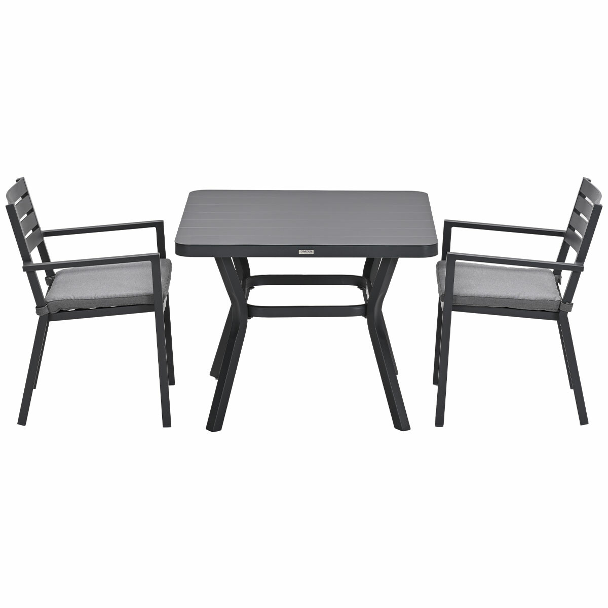 A dark gray square table with two black chairs. Each chair has a gray cushion.
