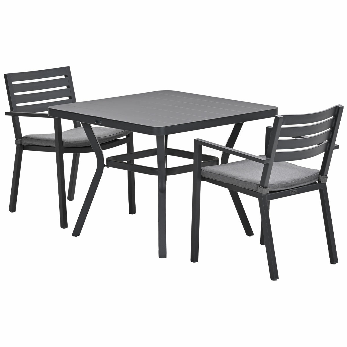 Grey table with two chairs. Square table, chairs with slatted backrests, grey cushions. White background.