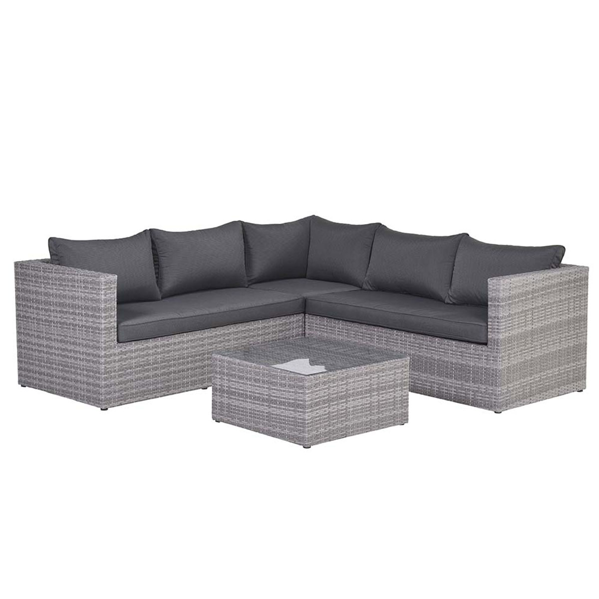 Grey woven outdoor sectional with a matching table on white background.