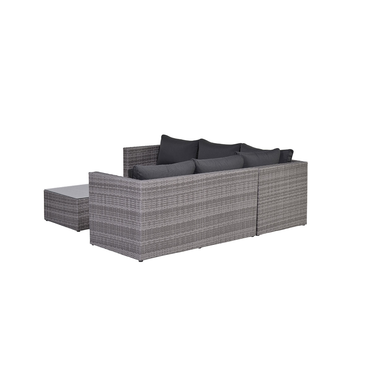Grey woven outdoor sectional with a matching ottoman on white background.