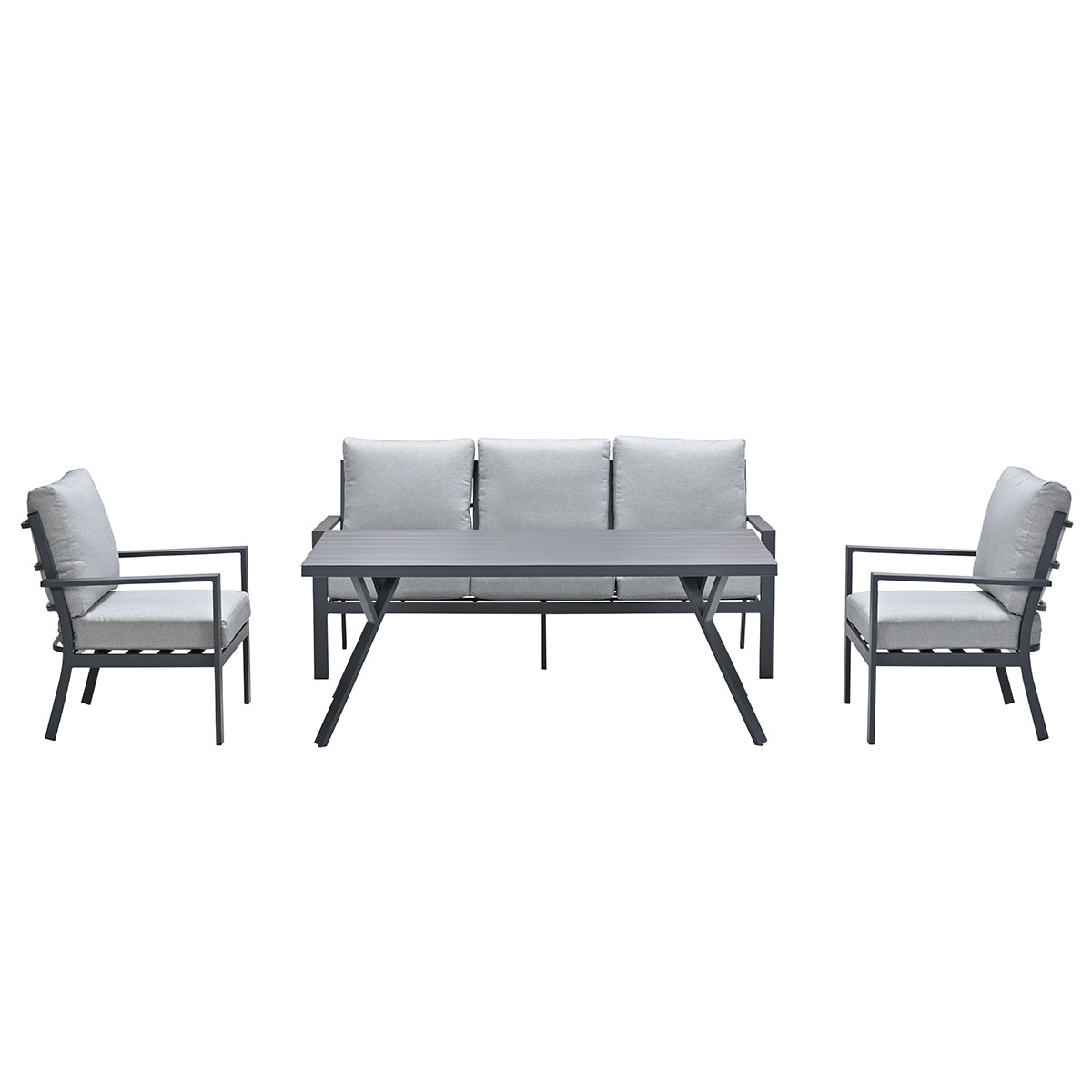 Outdoor table setting with sofa and chairs. Grey frames and cushions. Isolated on white background.