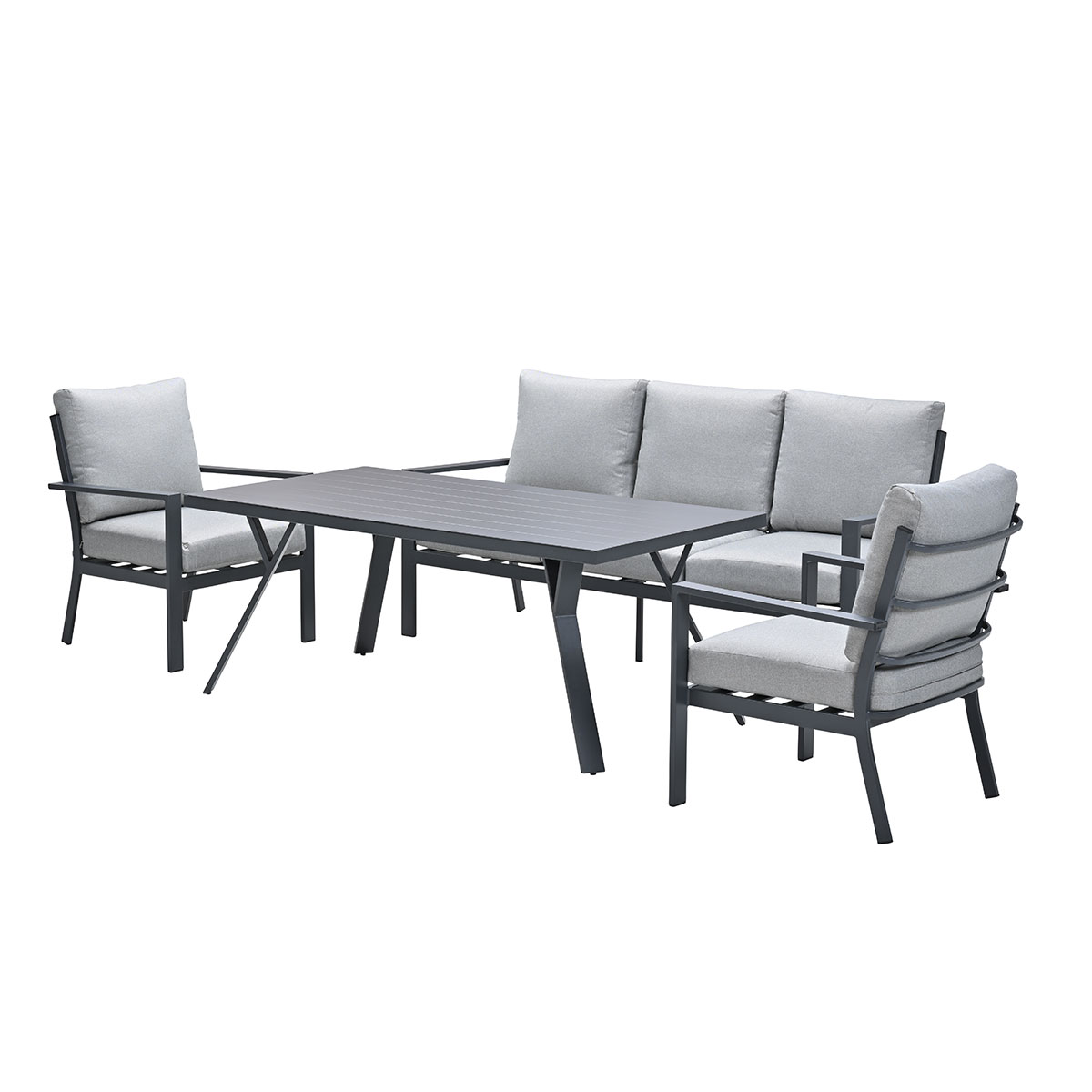 Outdoor table and chairs set. Dark gray frames, gray table top, and cushions. White background.
