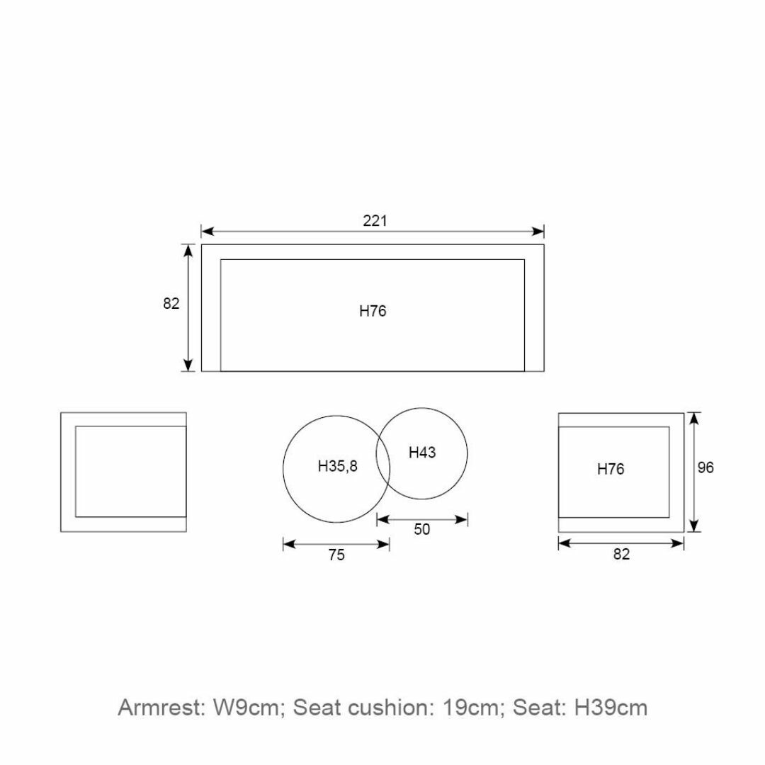 Diagram of furniture dimensions: a sofa, two chairs, and a table, with measurements in cm.