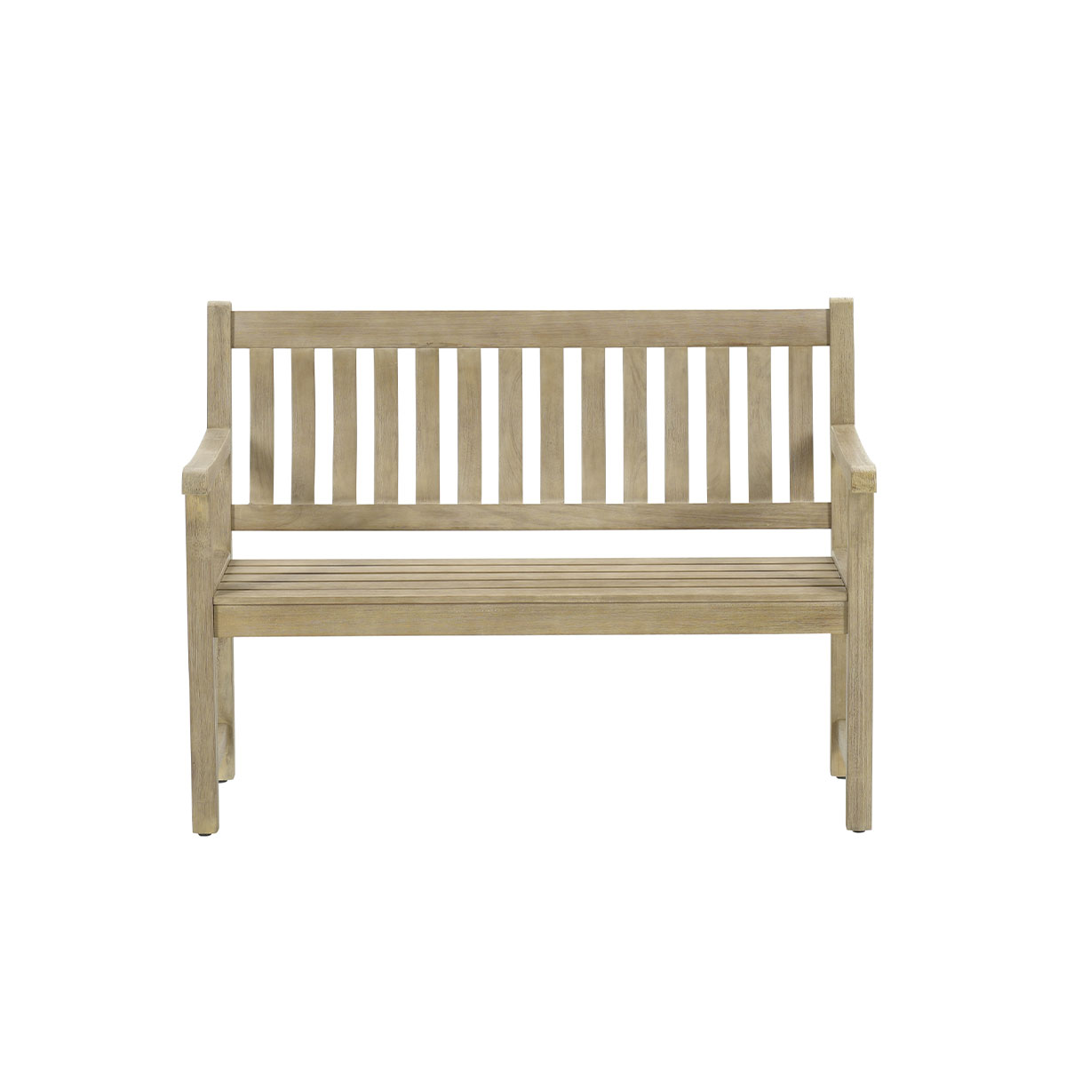 Wooden outdoor bench with a slatted back and seat, set against a white background.