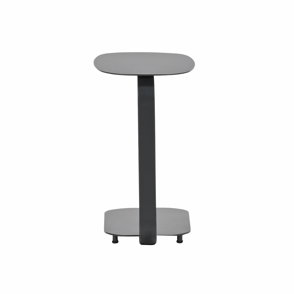 Une table d'appoint haute, gris foncé, avec base carrée, pied et plateau.