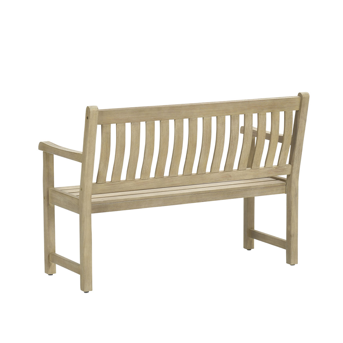 Wooden bench, light brown color. Back has vertical bars, armrests. Viewed from the back.