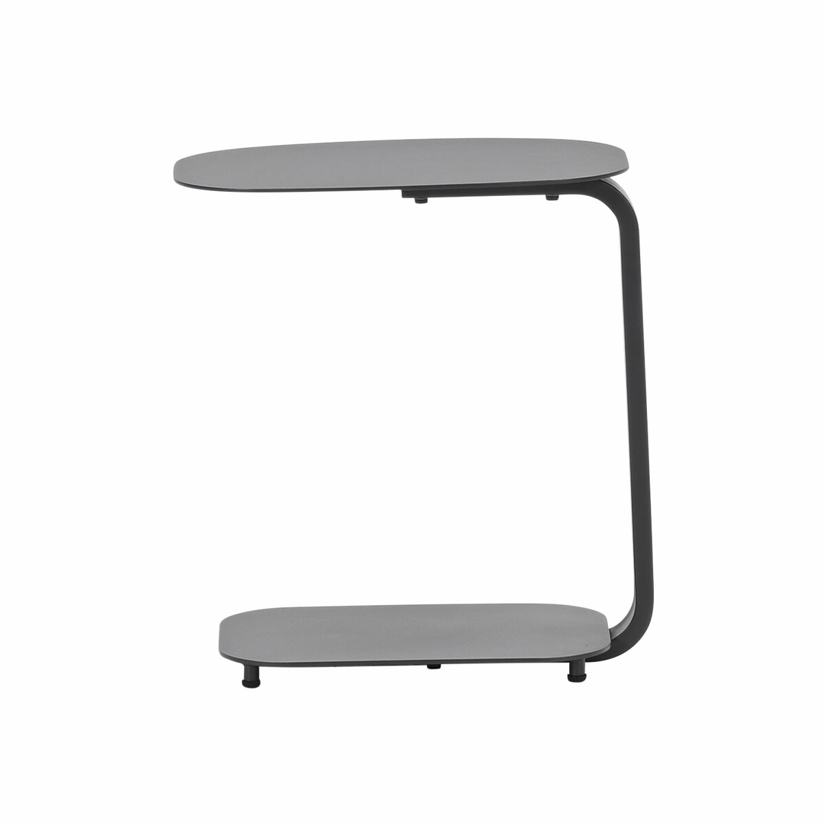 Une table d'appoint avec un dessus gris et un support incurvé gris, sur fond blanc.
