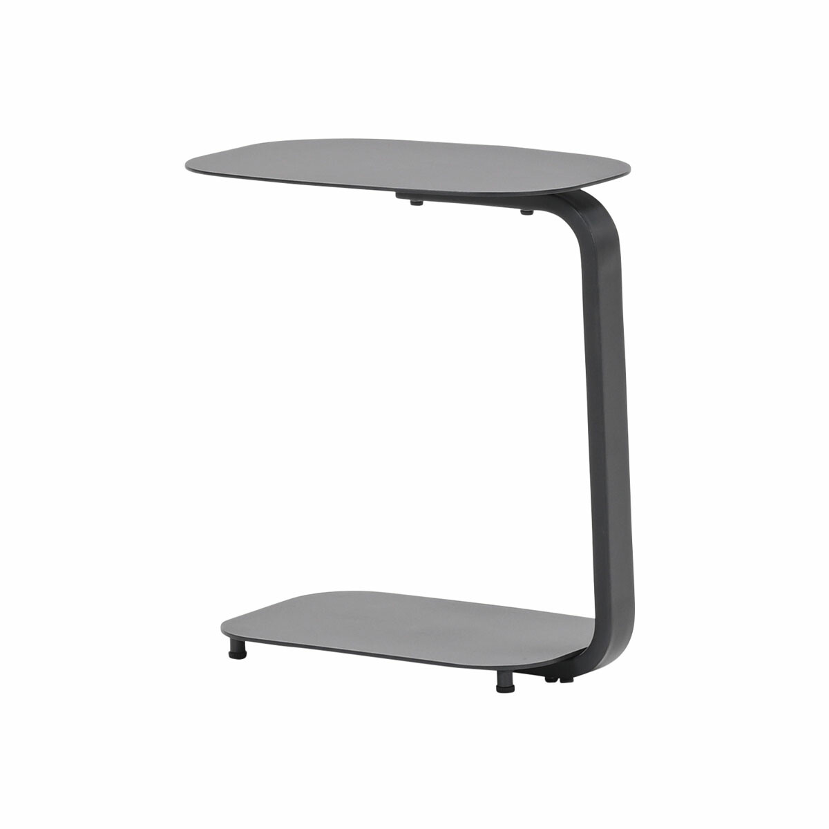 Table d'appoint grise avec un seul pied. Le dessus et le dessous sont gris et rectangulaires.