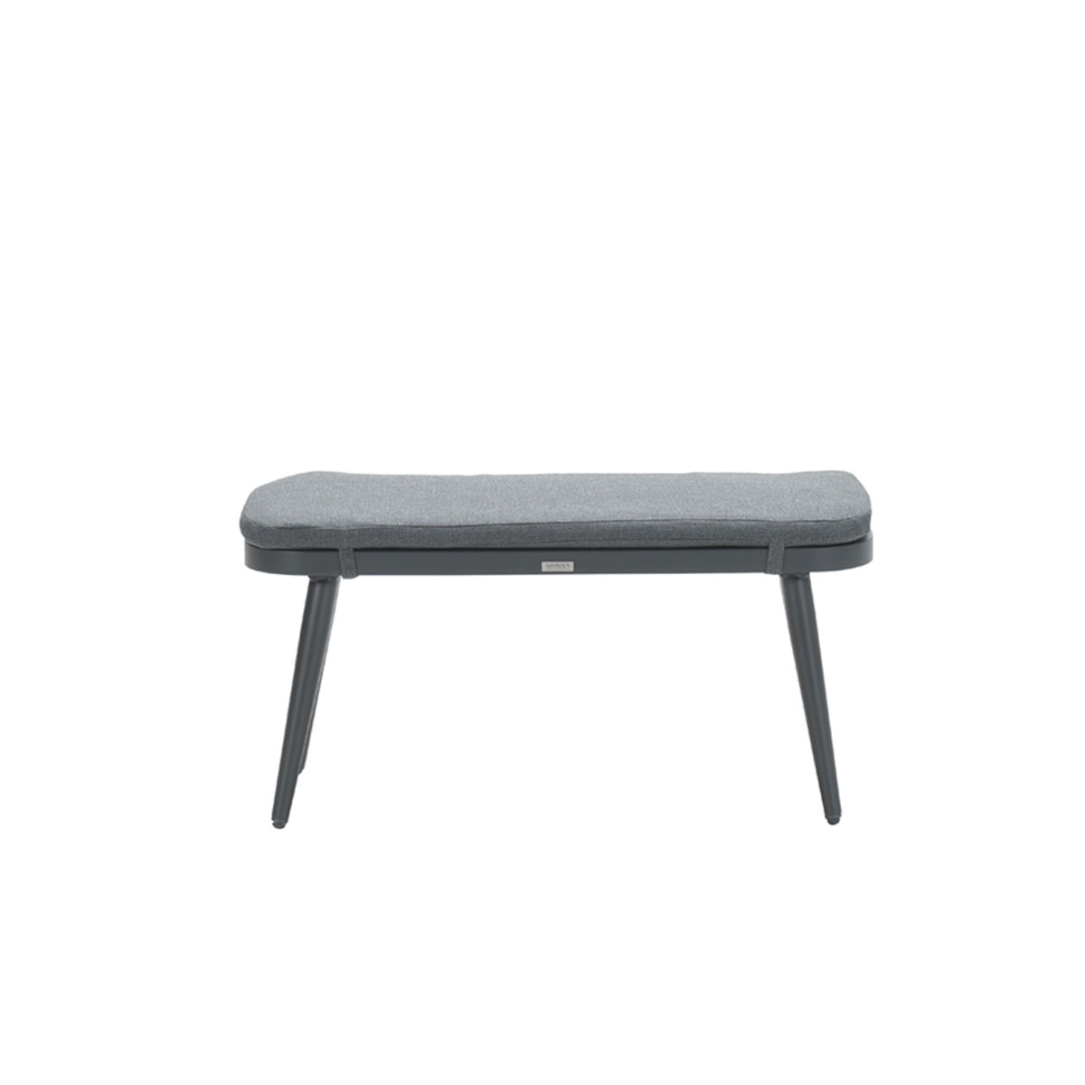 Long grey bench with dark legs. The seat is grey and rectangular.