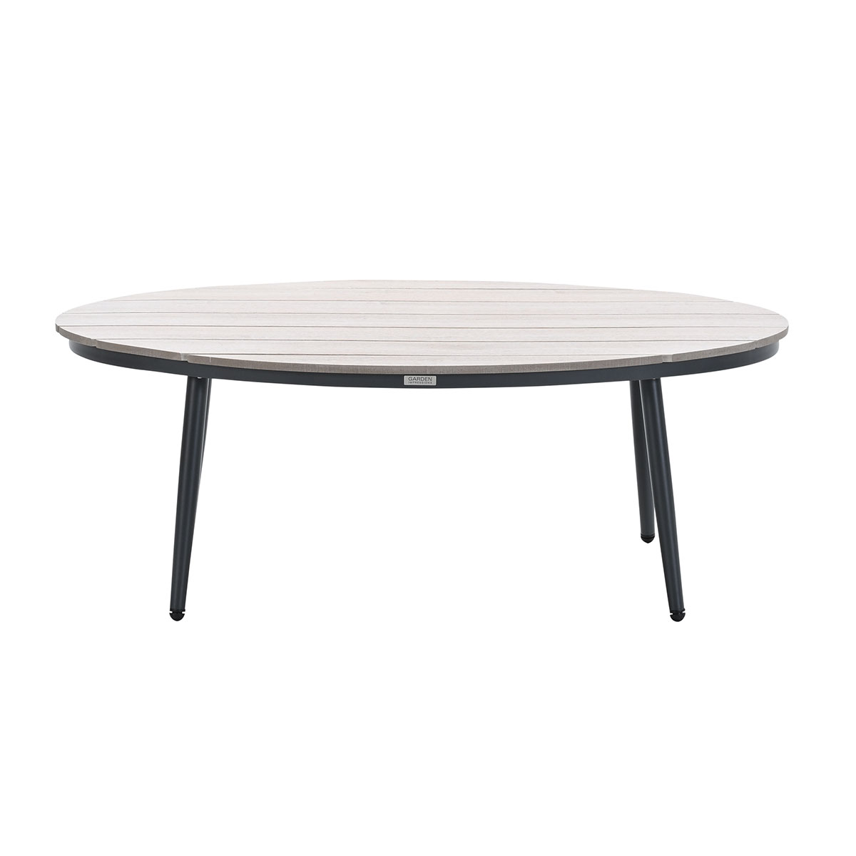 Oval table with a light brown wooden top and dark grey legs. It has a black edge.