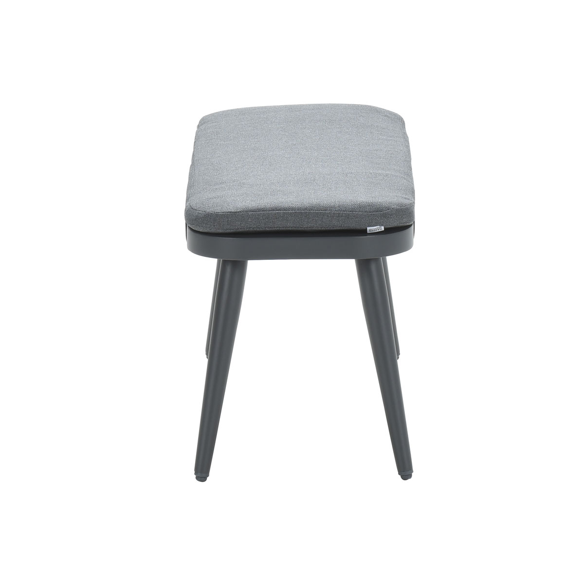 Gray upholstered stool with dark legs, set against a white background.