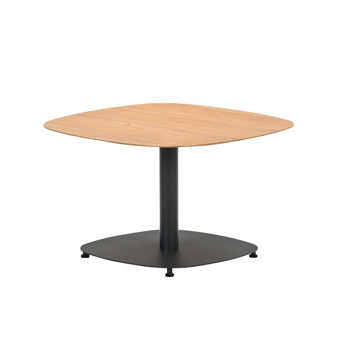 Table carrée avec plateau en bois et base noire. La base a un seul pied central.