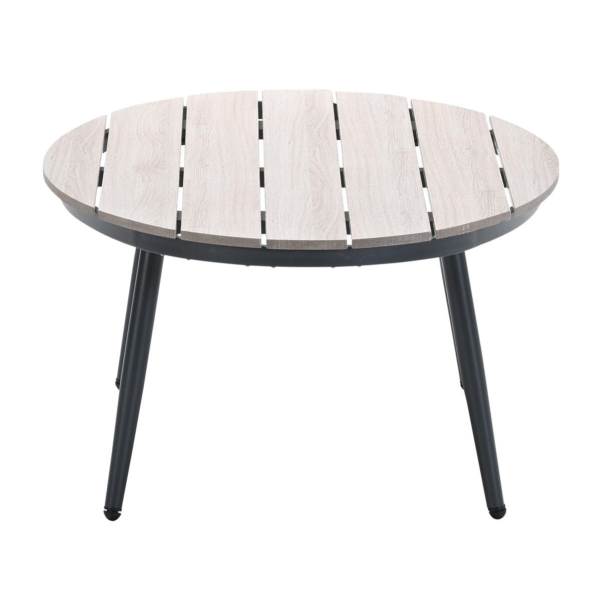 Round table with a light brown wooden top and dark legs. The edge is black.
