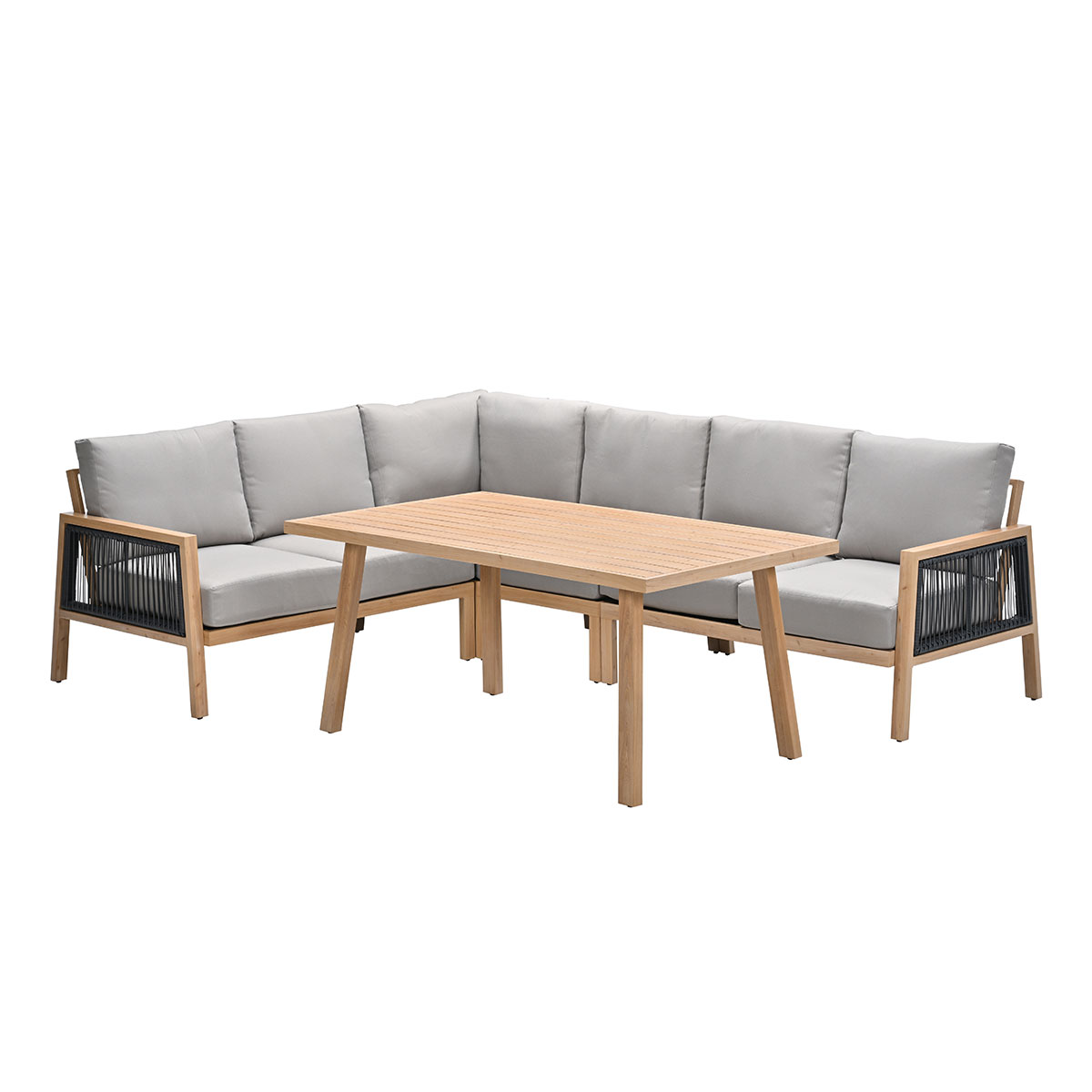 L-vormige hoekbank met tafel. Sectional heeft grijze kussens en zwarte touwdetails.