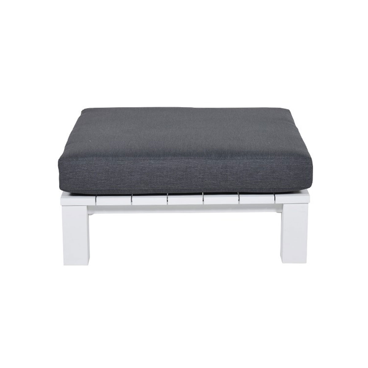 White square ottoman with a dark gray cushion.