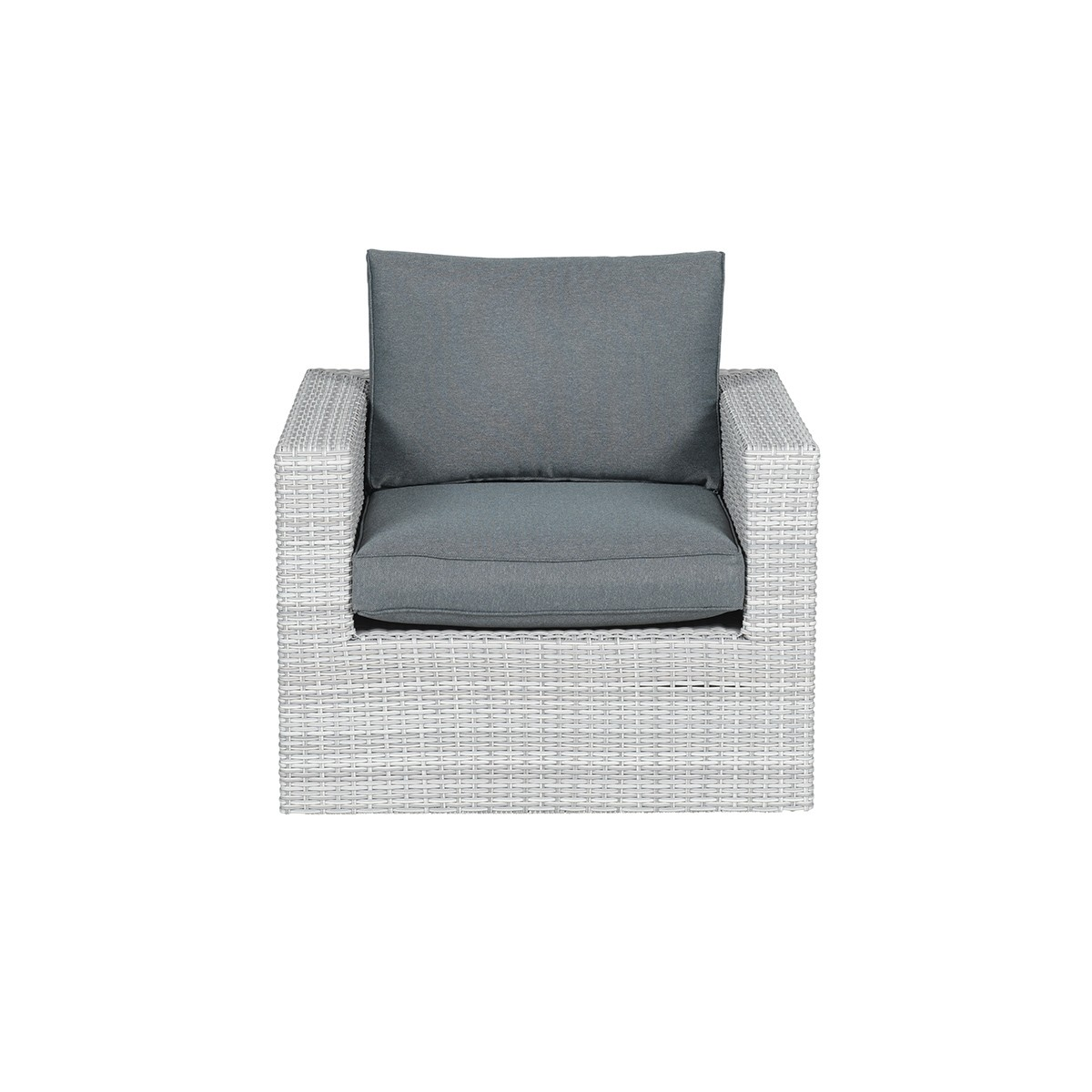 White woven chair with gray cushion on a white background, clean and simple.