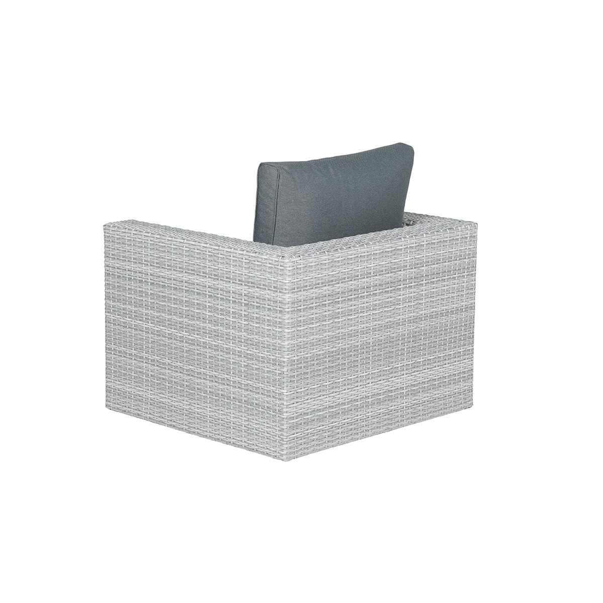 White woven chair with gray cushion and a gray pillow. White background.