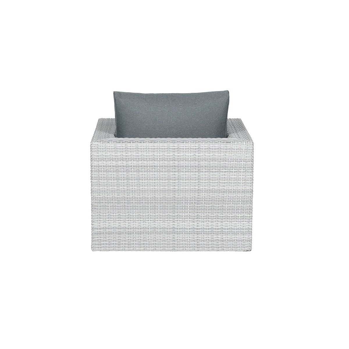 White woven chair with a gray pillow. White background.