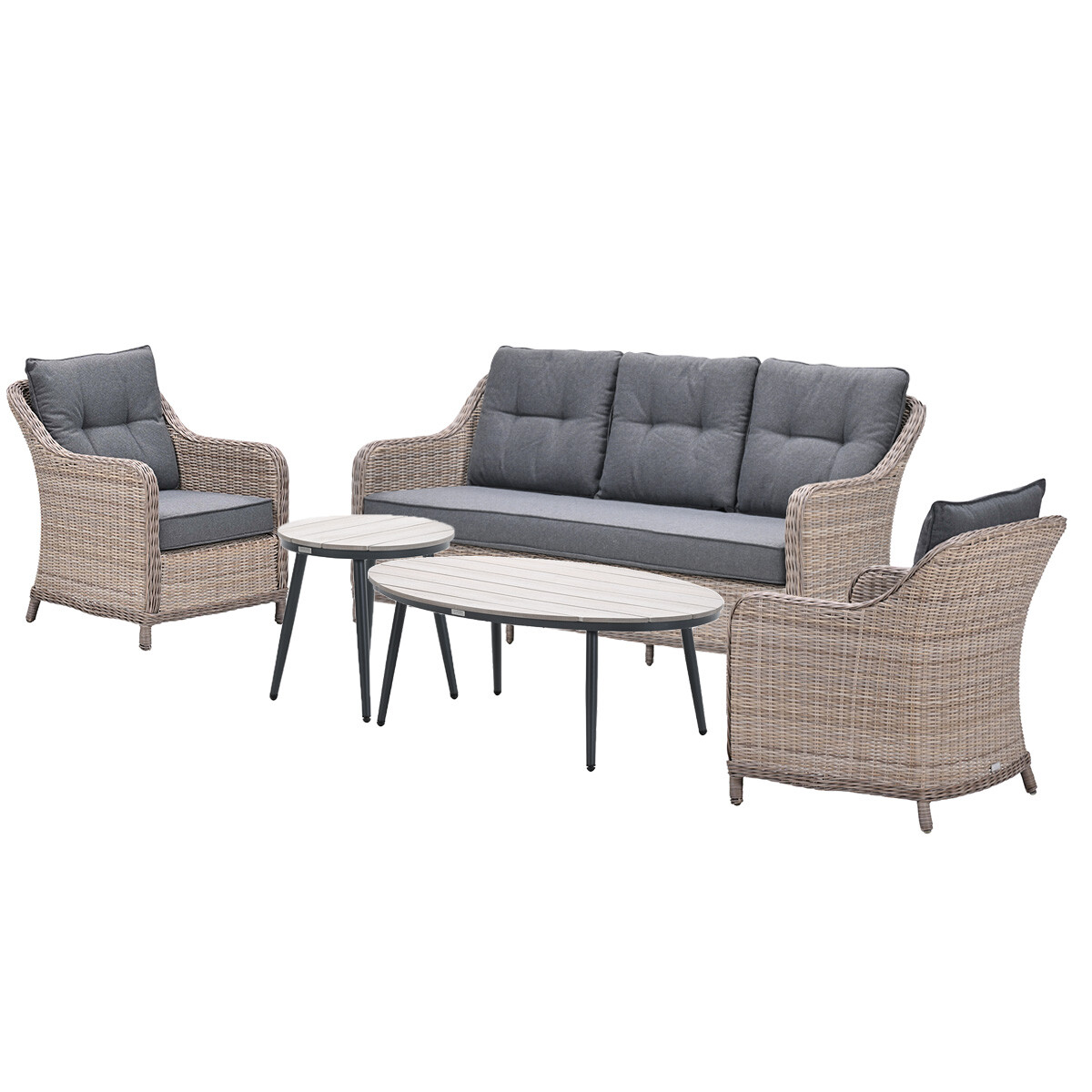 Wicker outdoor furniture set: sofa, two chairs, and two small tables on a white background.