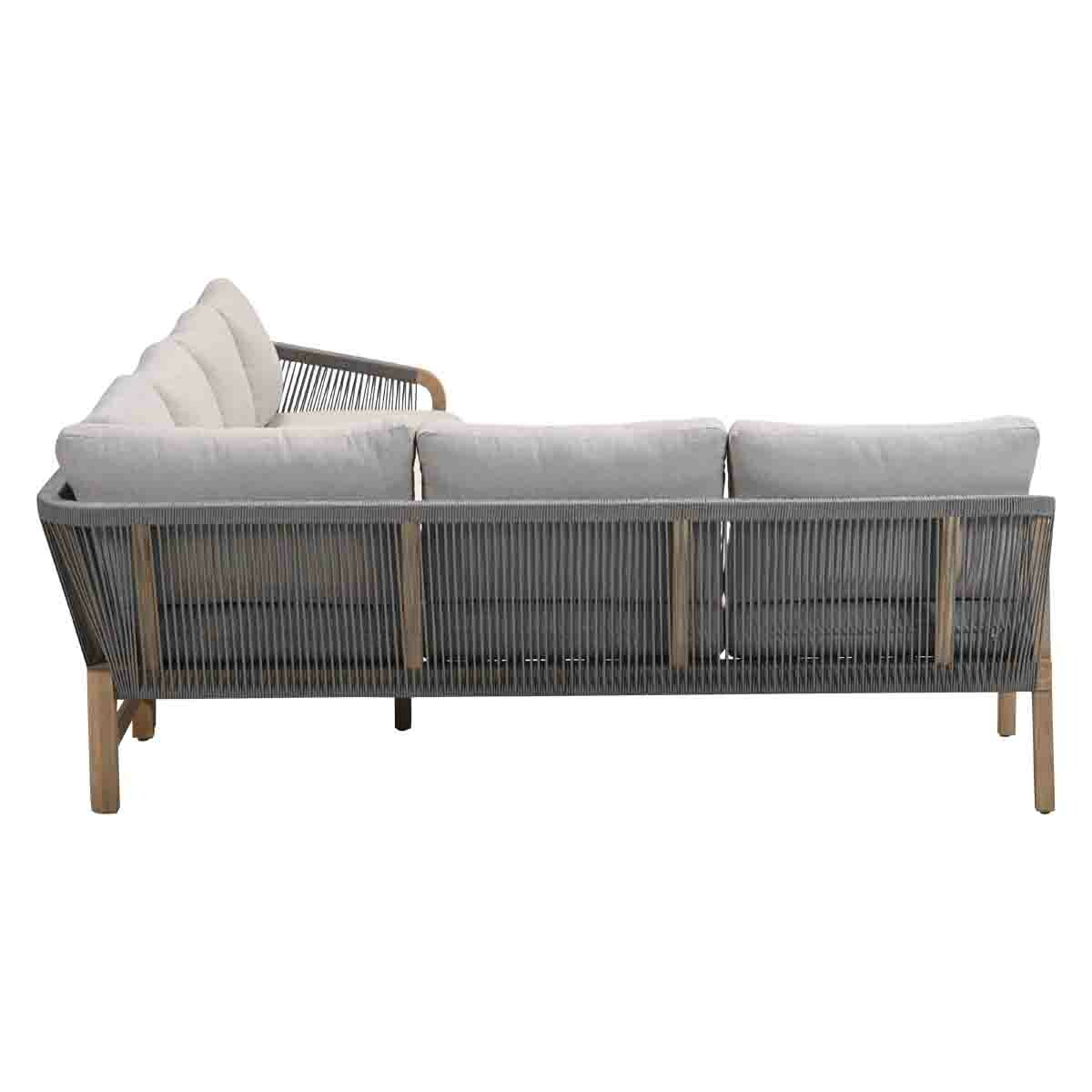 Corner sofa with grey rope design. Light-colored cushions and wooden legs. A modern, minimalist design.