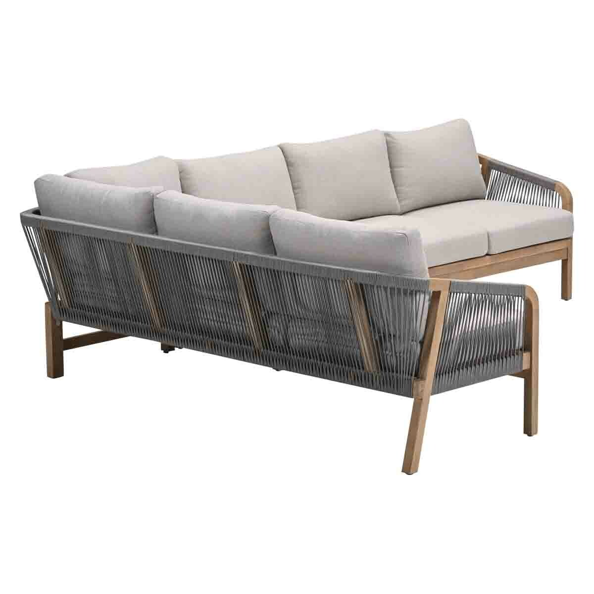Gray and wood outdoor sofa set, back view, on a white background.