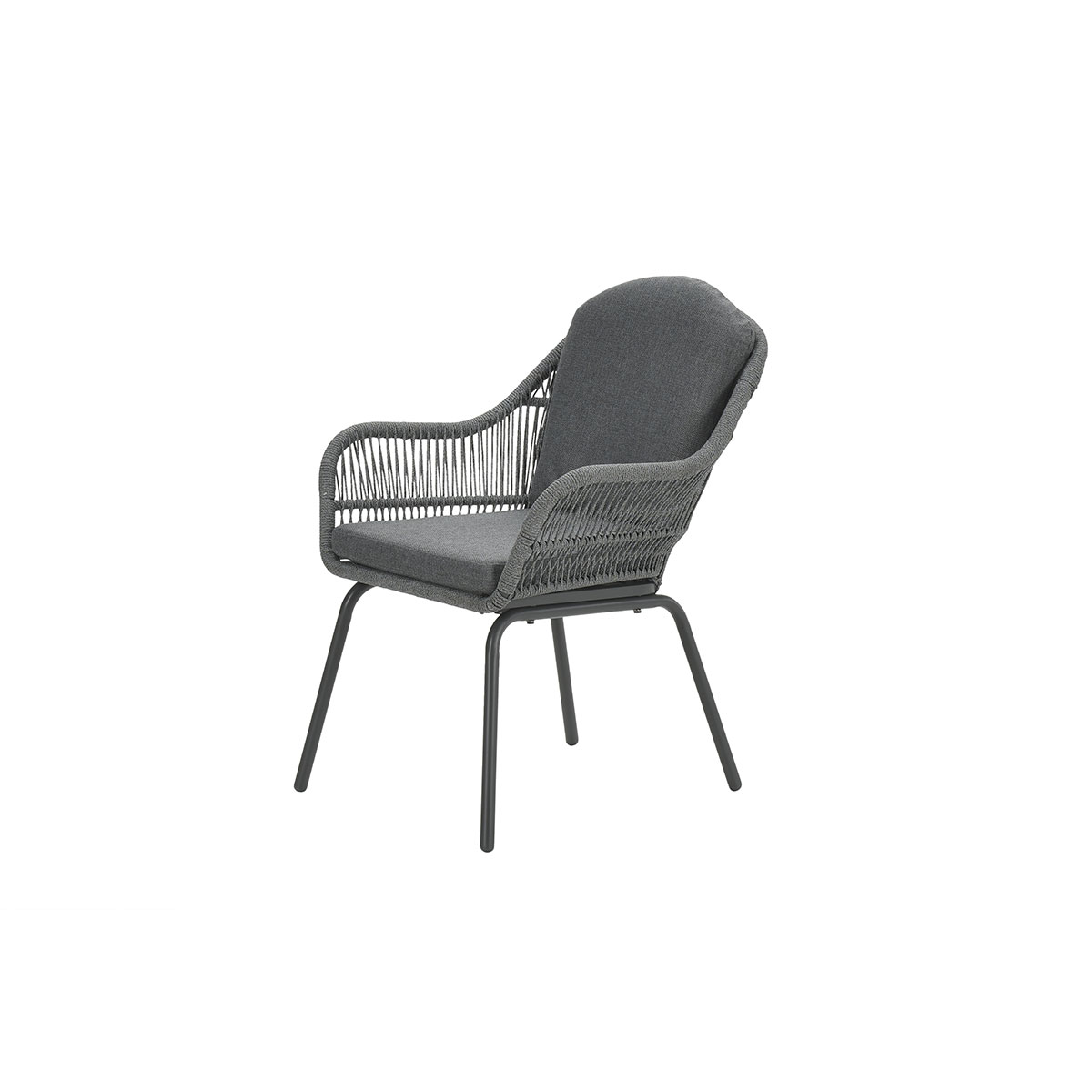 A gray chair with rope-like texture on the back and arms. It has gray seat cushions and black legs.