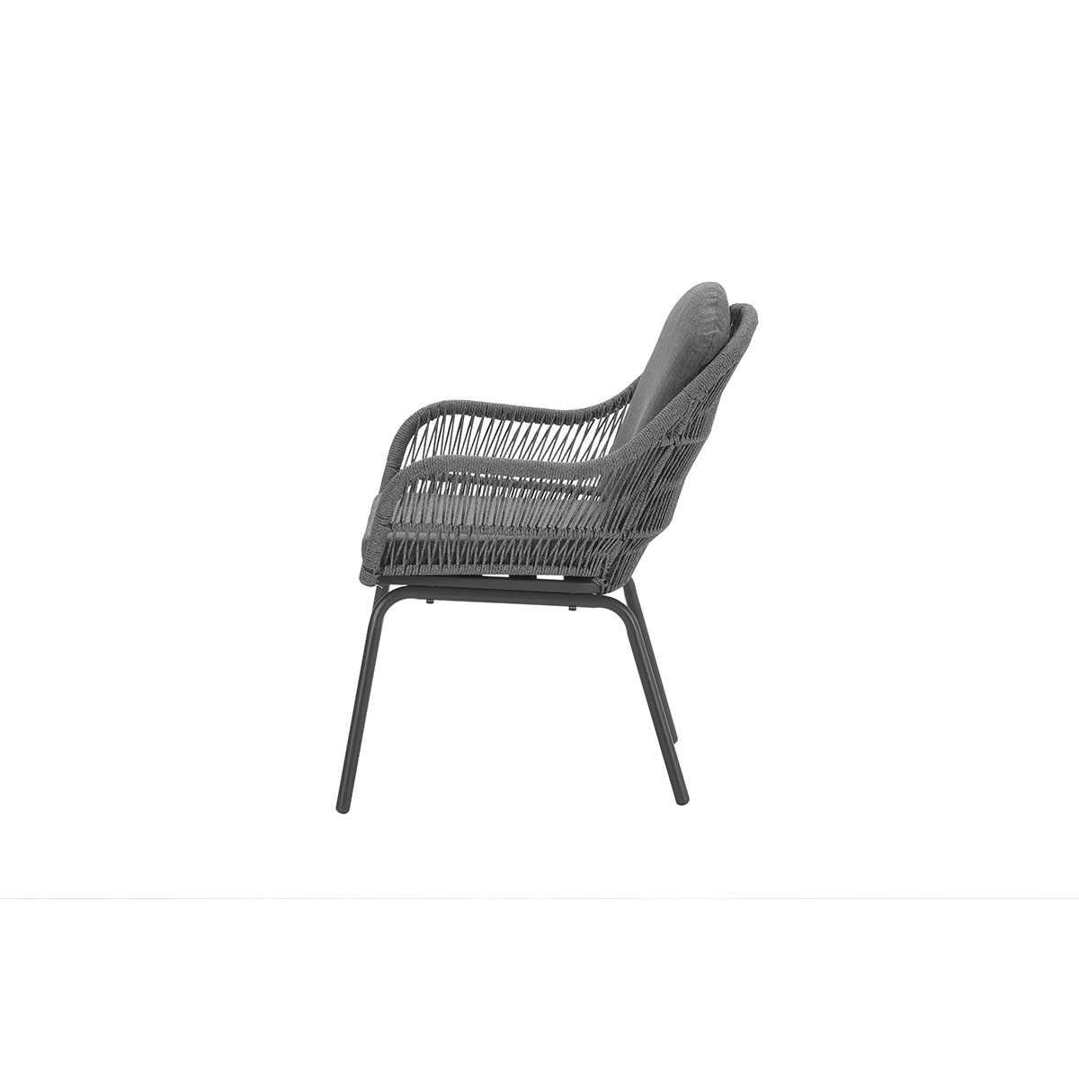 Side view of a gray wicker chair with a cushion and metal frame. 