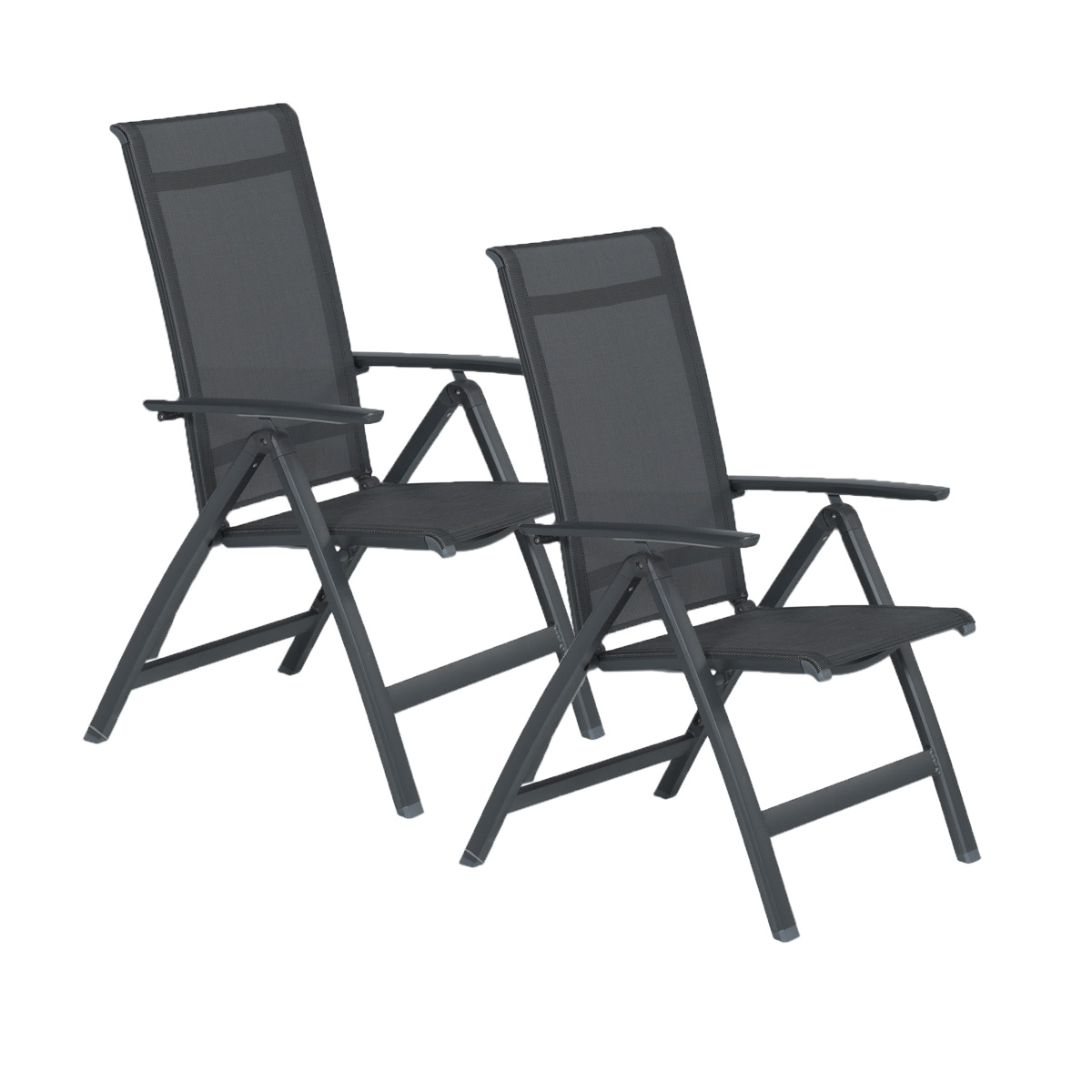 Twee zwarte klapstoelen met grijze mesh rugleuningen en zittingen, tegen een witte achtergrond.