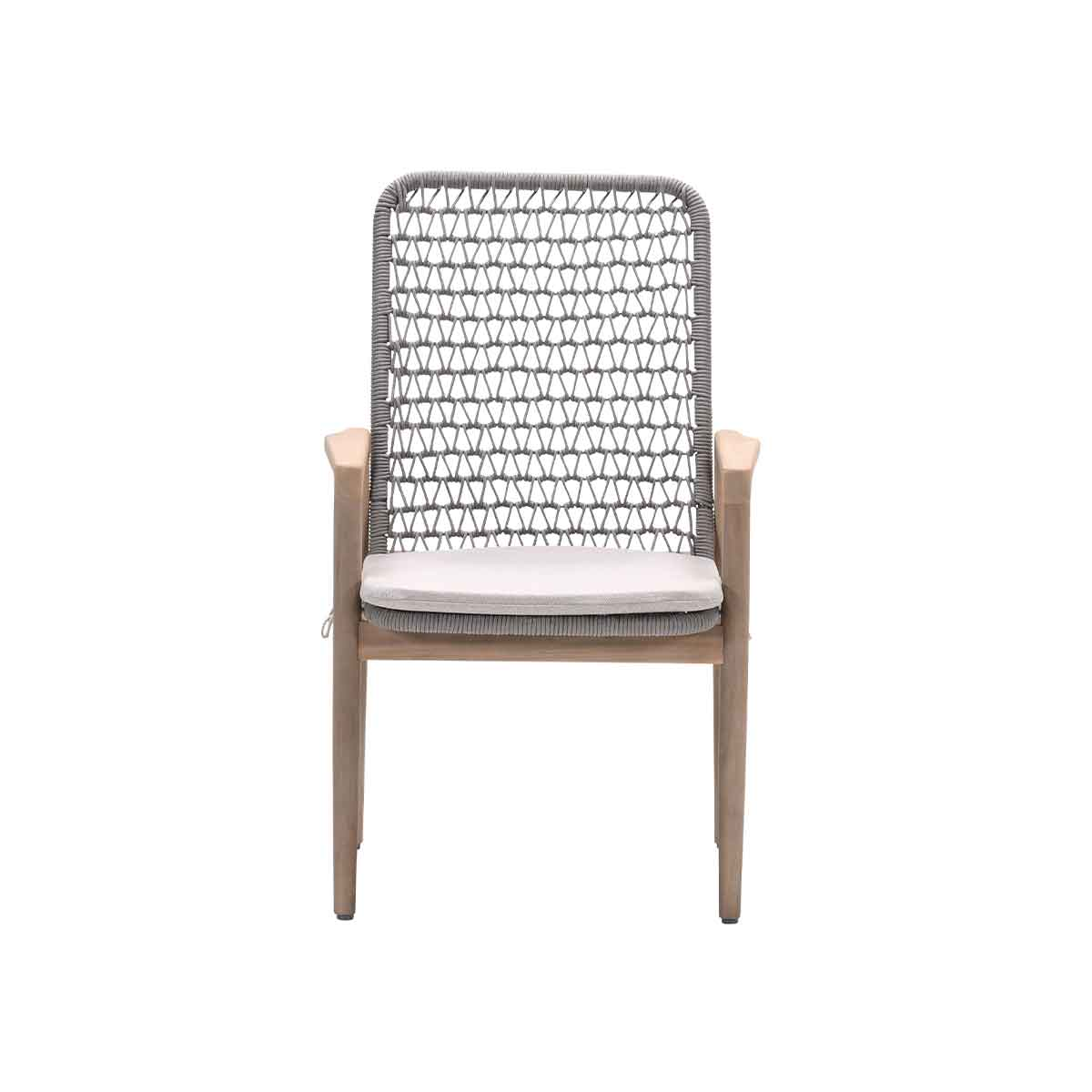 A chair with a gray woven back and light wood arms and legs. It has a gray cushion on the seat.