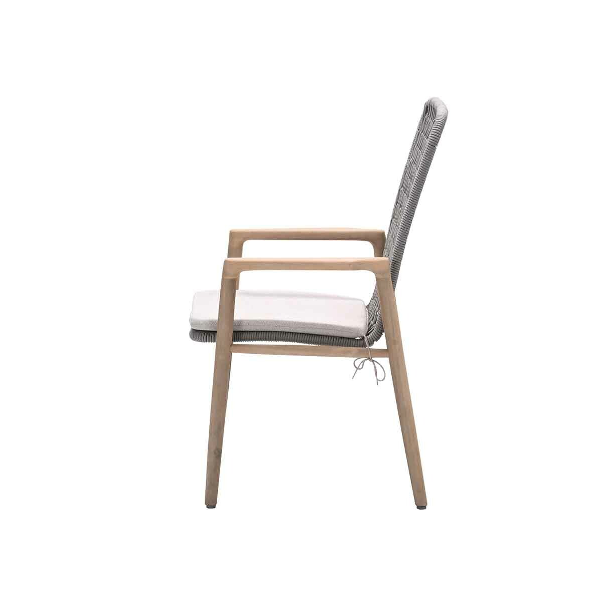A chair with a gray woven back and light wood arms and legs. It has a gray cushion on the seat.