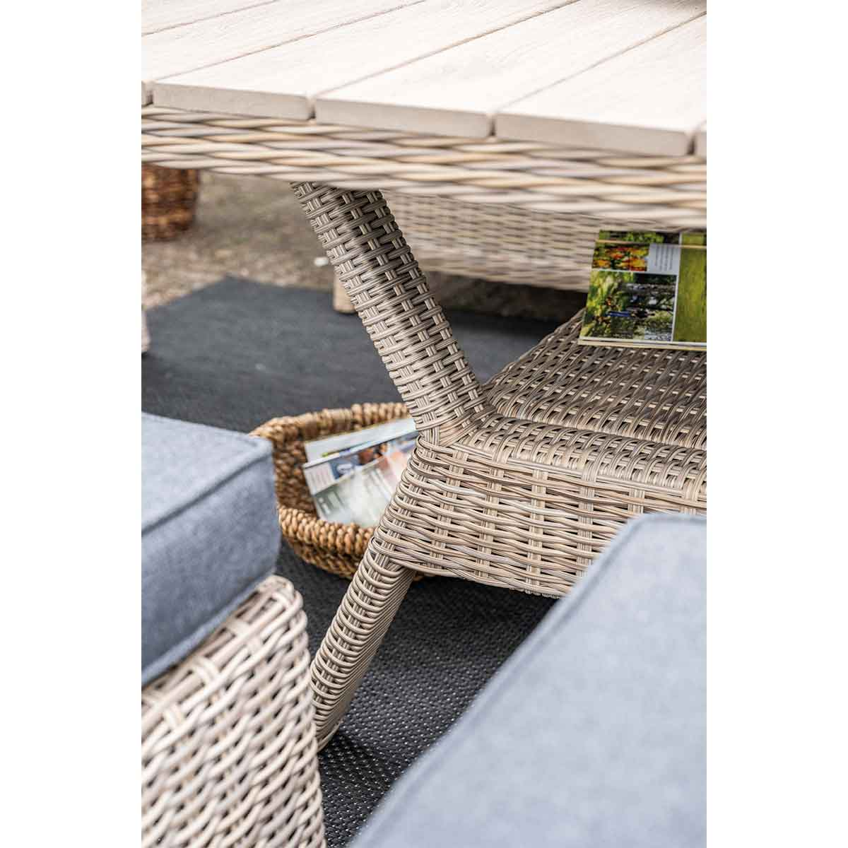 Gros plan sur une table et une chaise en osier. Magazines dans un panier, coussins gris et table en bois.