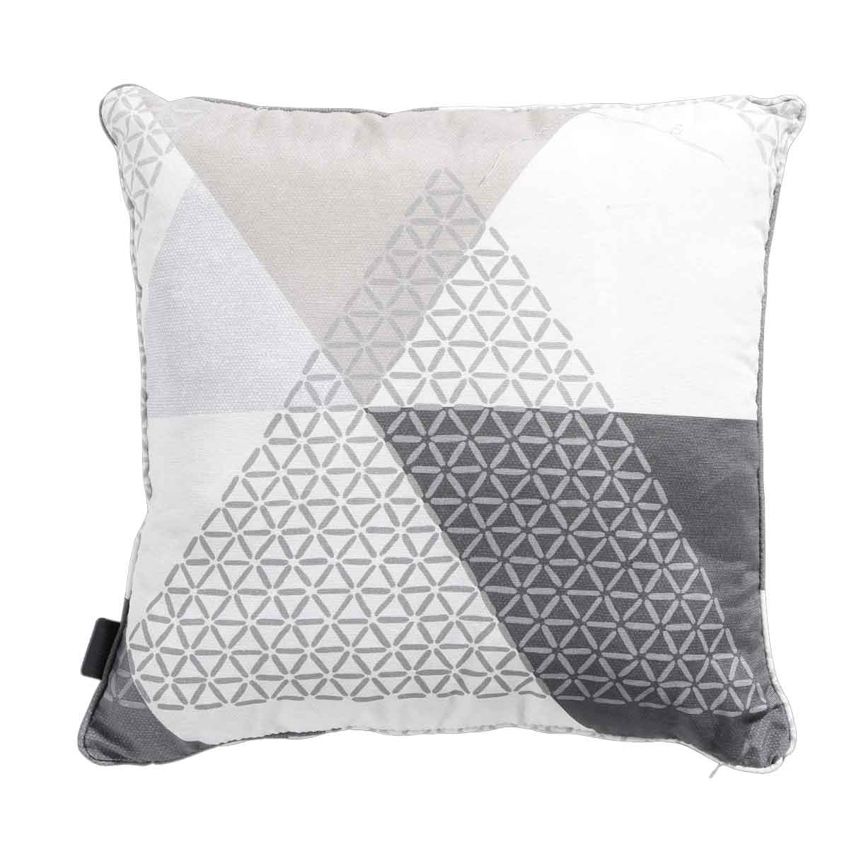 Square pillow with geometric pattern, white, gray and dark gray, on white.