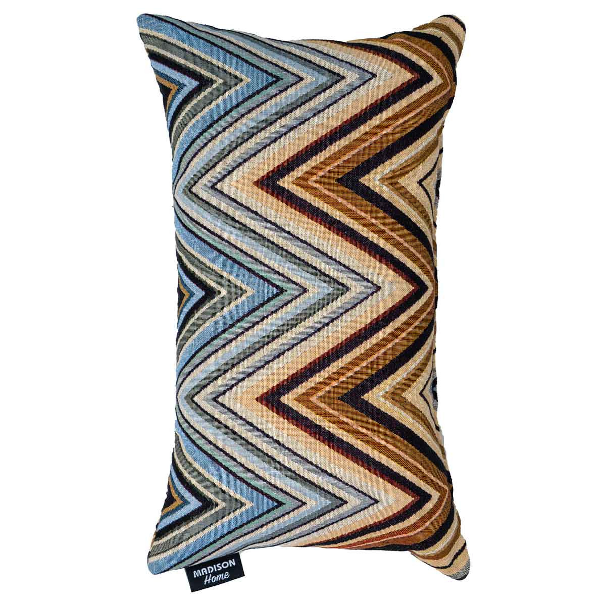 Kussen met zigzagpatroon in blauwe, bruine en beige kleuren.