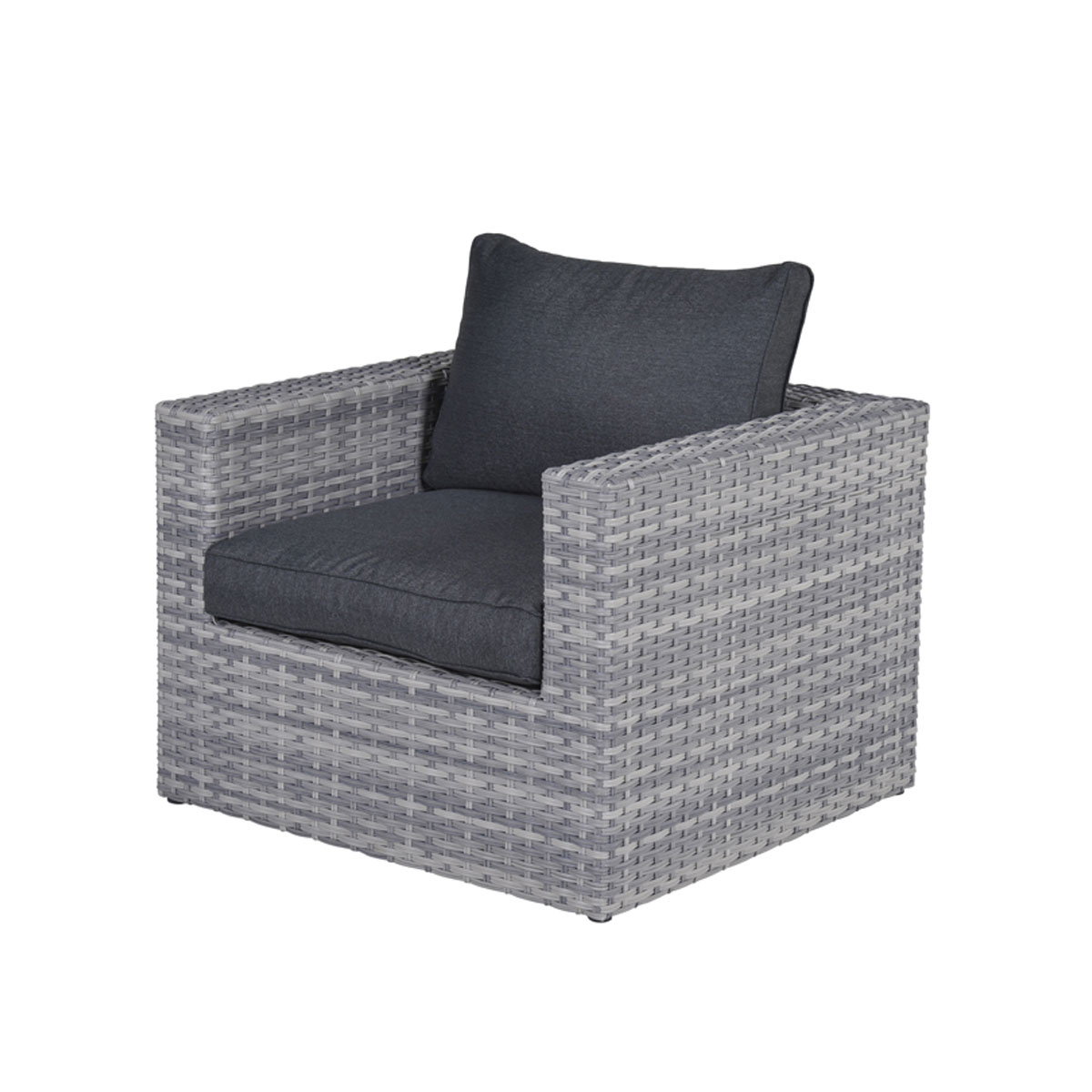 Gray wicker chair with dark gray cushion and pillow. White background.
