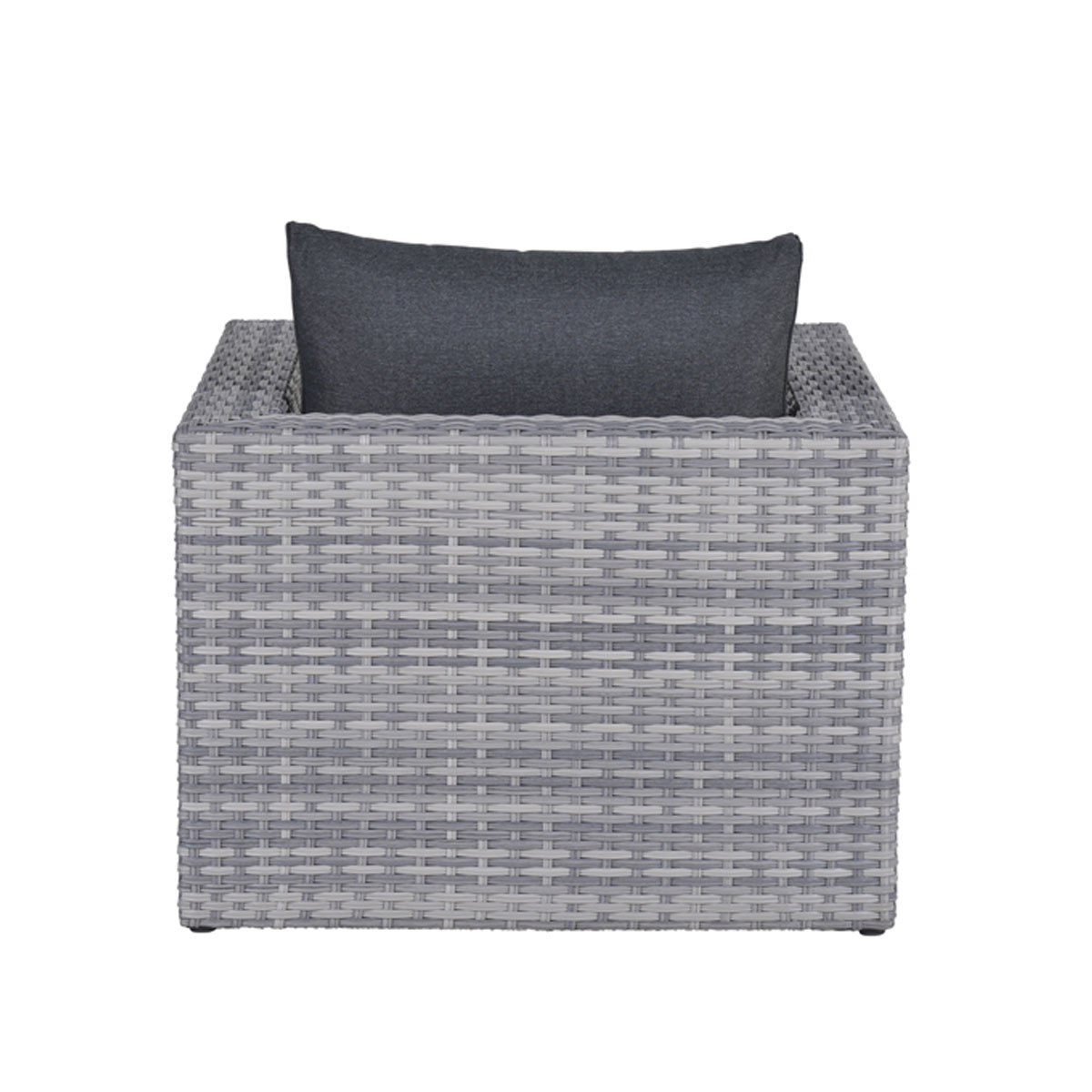 Top down view of a gray wicker chair with a dark gray pillow. White background.