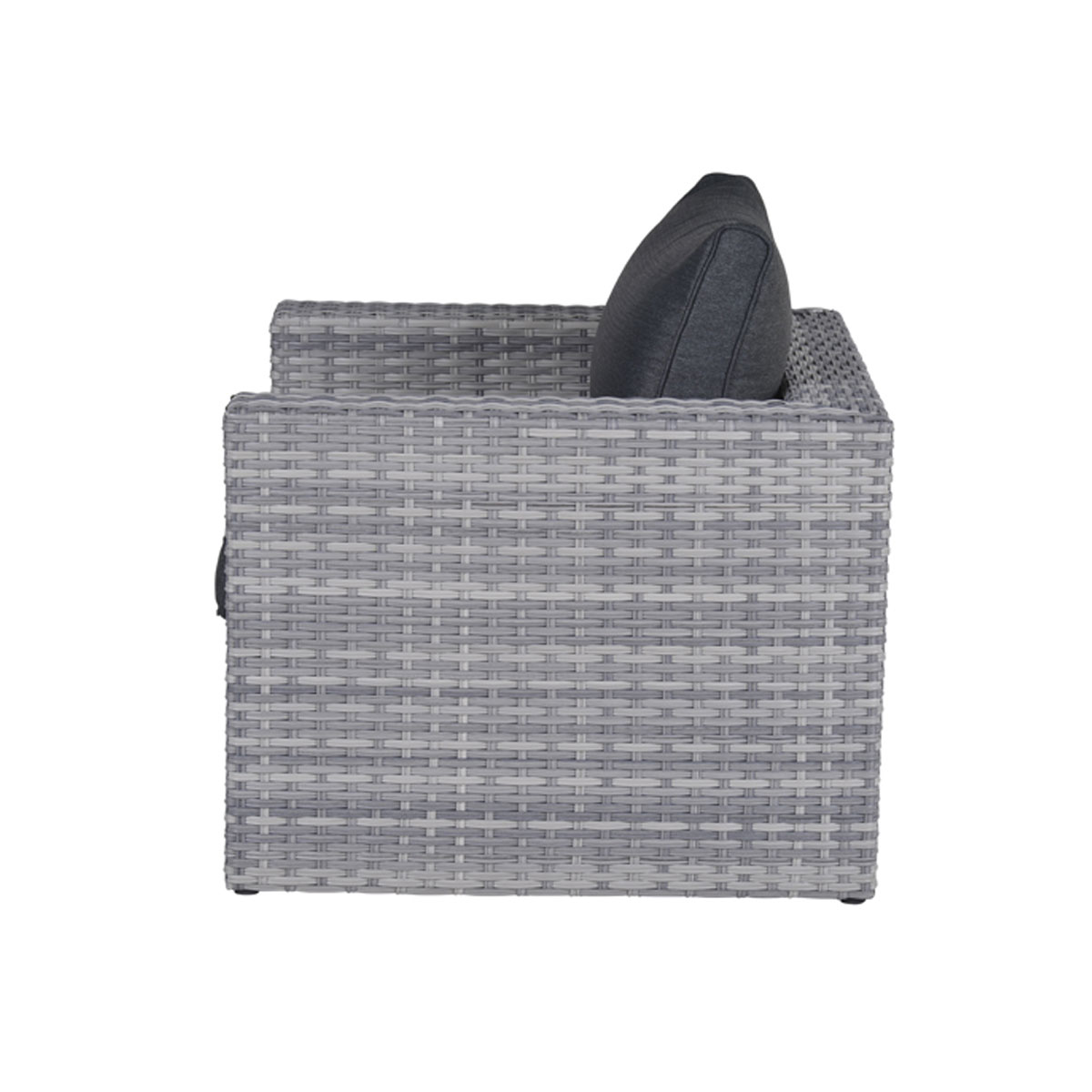 Side view of a gray wicker chair with a dark gray pillow. White background.