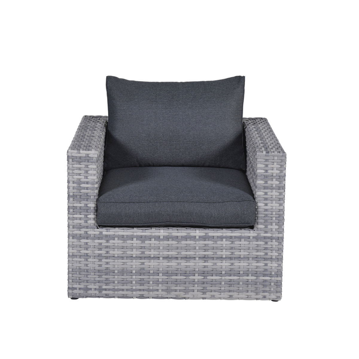 Gray wicker chair with dark gray cushion and pillow. White background.
