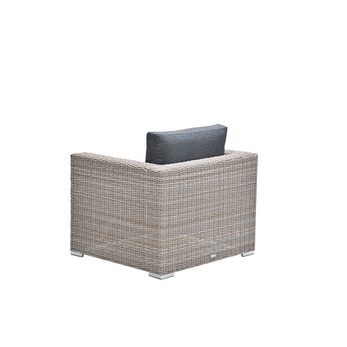 Achteraanzicht van een rotan stoel met een grijs kussen op een witte achtergrond, de structuur tonend.