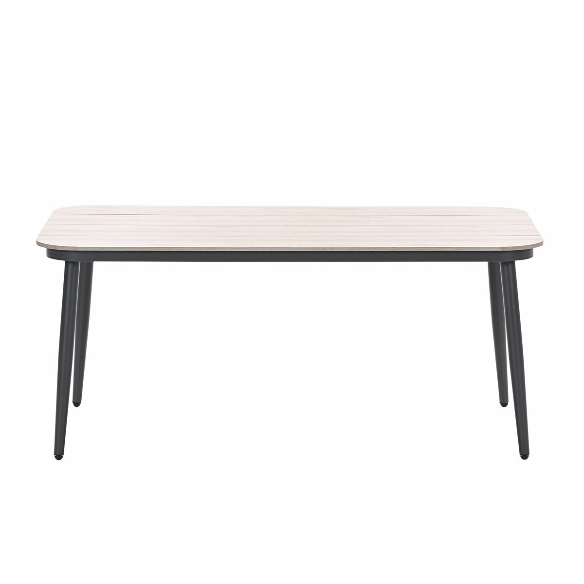 A long, light-colored wooden table with black legs.