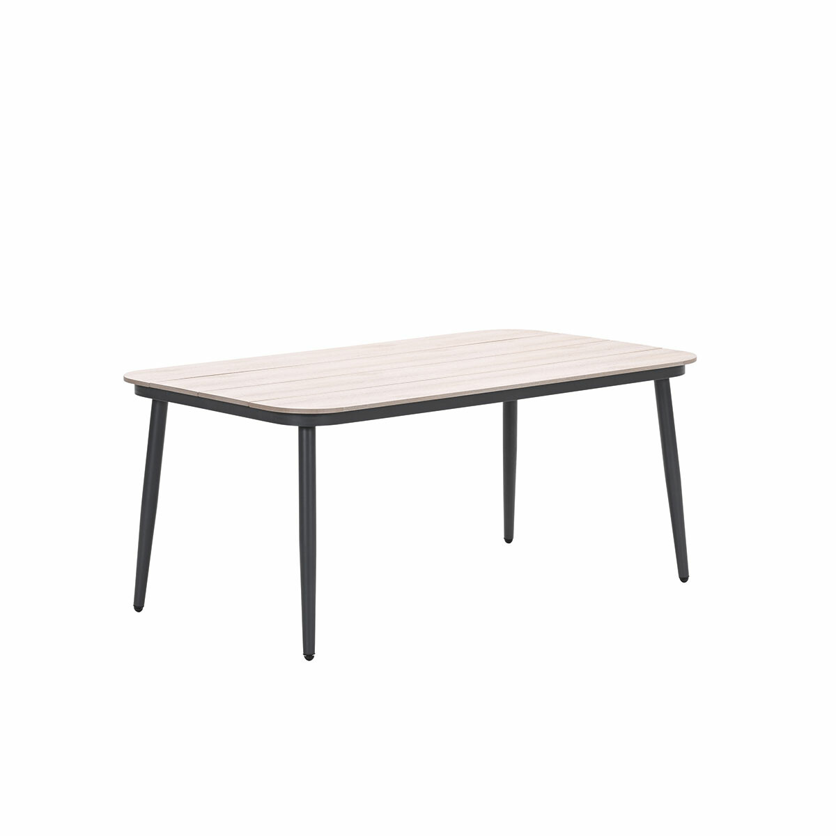 A light-colored wooden table with black legs, viewed from the side.