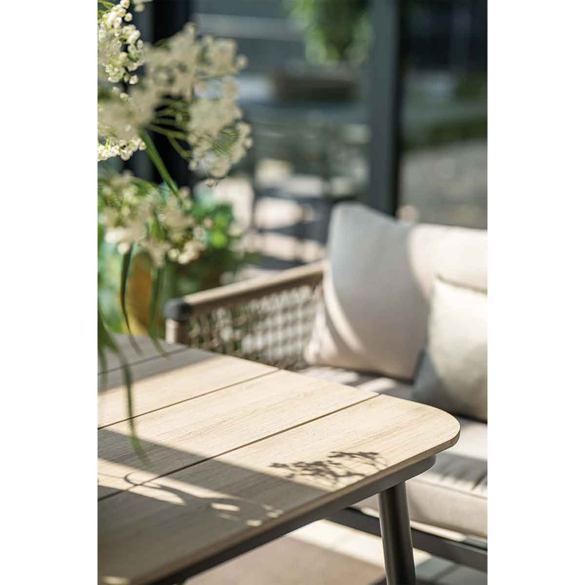 Close-up of a wooden table with sunlight, with plants and a window in the background.