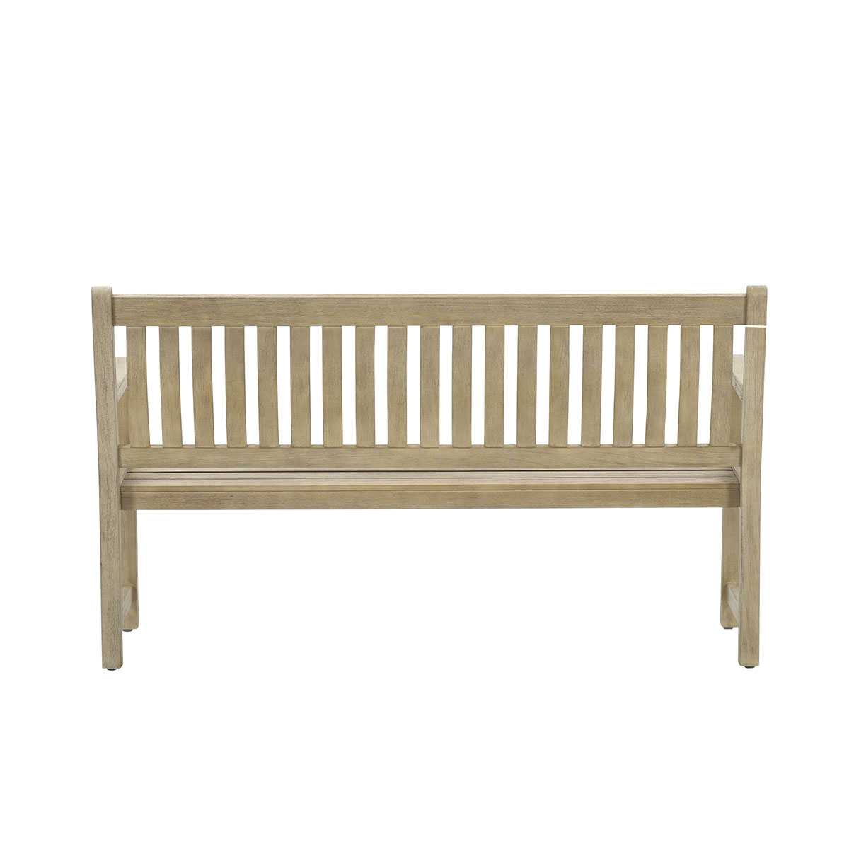 Houten bank met verticale latten. De bank is gemaakt van lichtgekleurd hout.