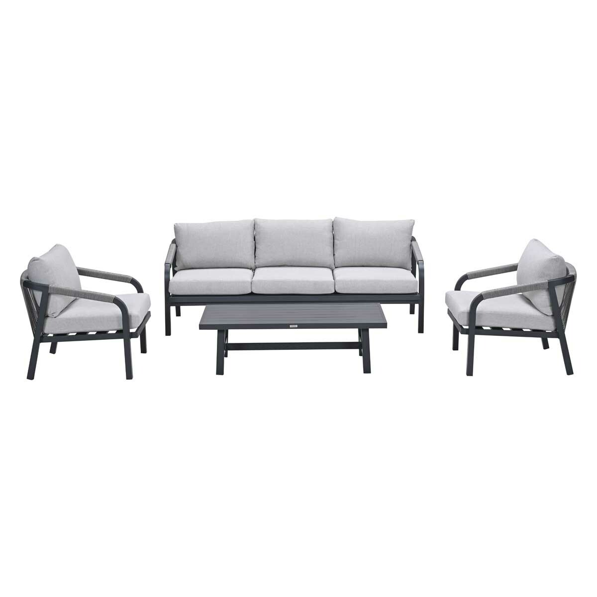 Outdoor furniture set on a white background. Includes a sofa, two armchairs, and a coffee table.