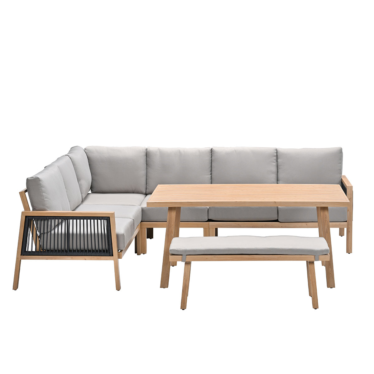 Buitenmeubelset: hoekbank, tafel en bank. Licht hout en grijze kussens.