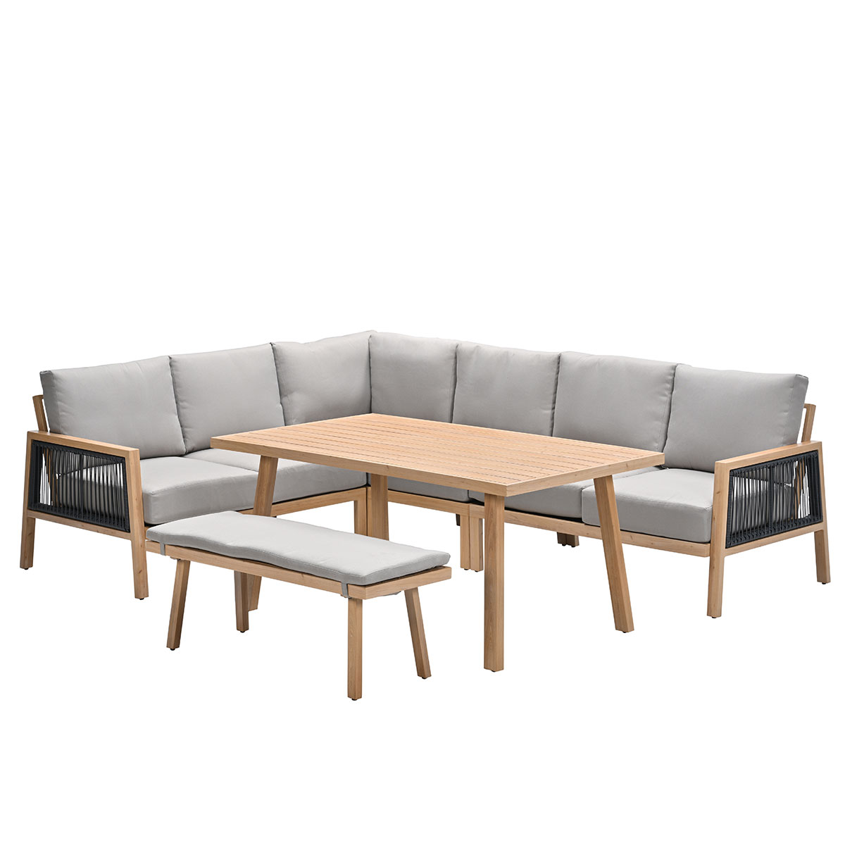 Buitensectie set met kussens en een tafel. Witte achtergrond.