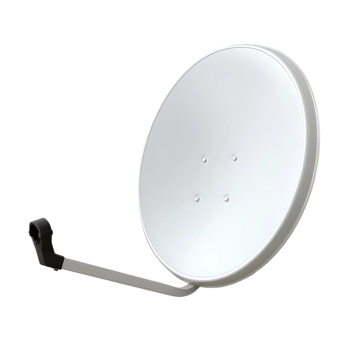 Weiße Satellitenschüssel. Isoliert auf weißem Hintergrund. Arm und Montageteile.
