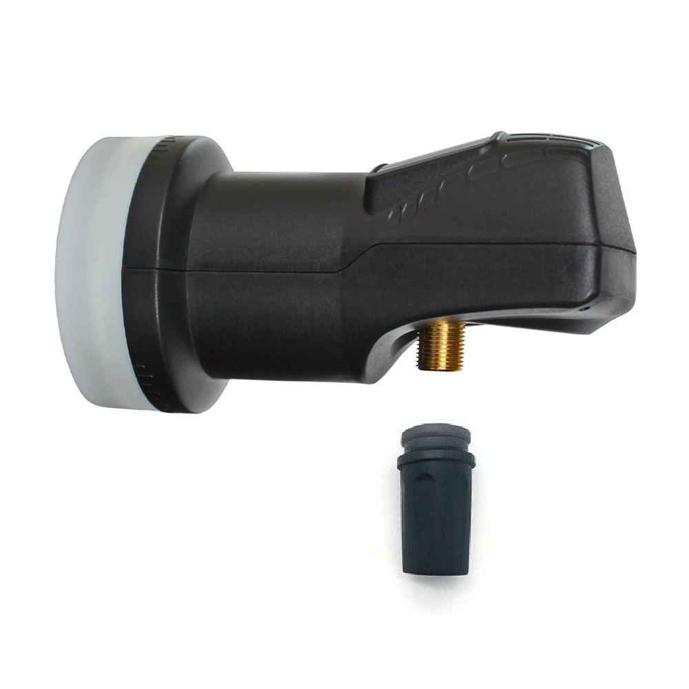 Schwarzes LNB mit weißer Abdeckung. Auch eine schwarze Kappe ist vorhanden, beide auf weißem Grund.