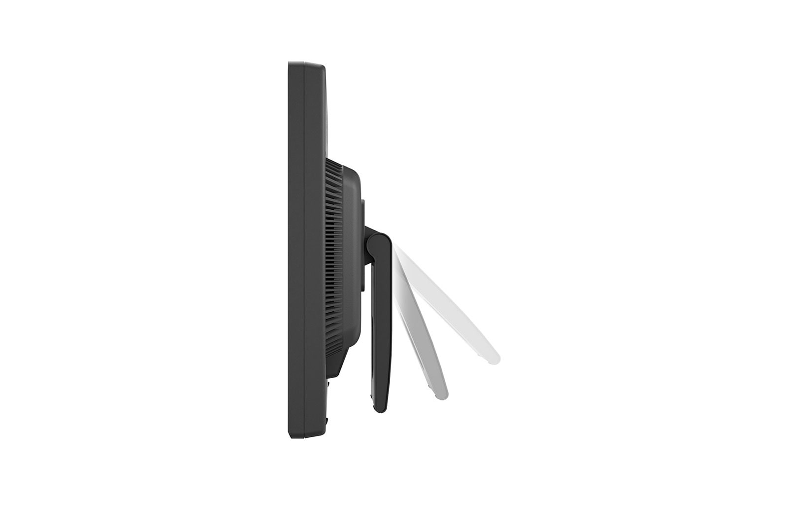 Widok z boku czarnego monitora. Stojak jest pochylony. Białe tło.