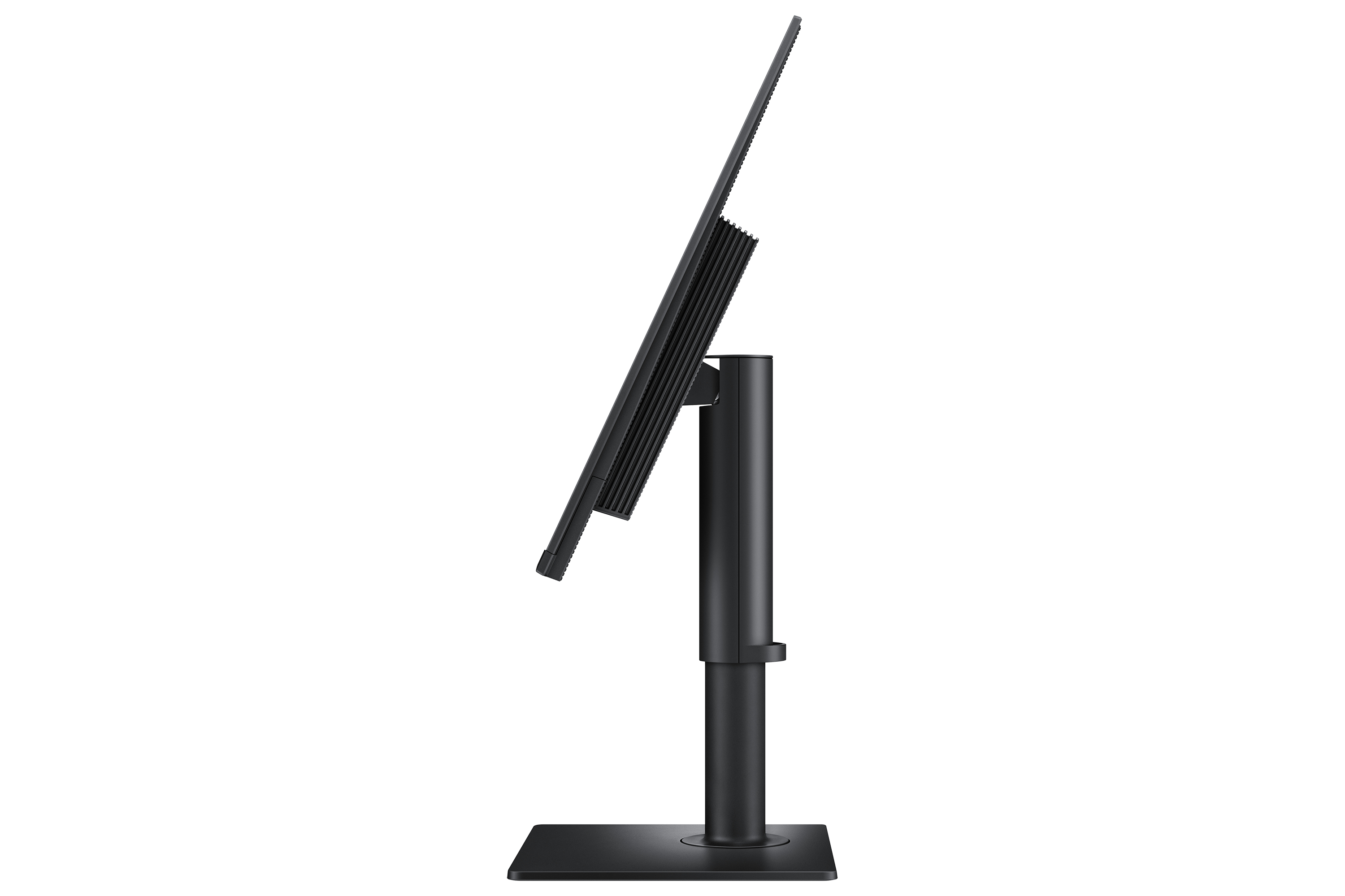 Widok z boku czarnego monitora z czarną podstawą. Ekran pod kątem.