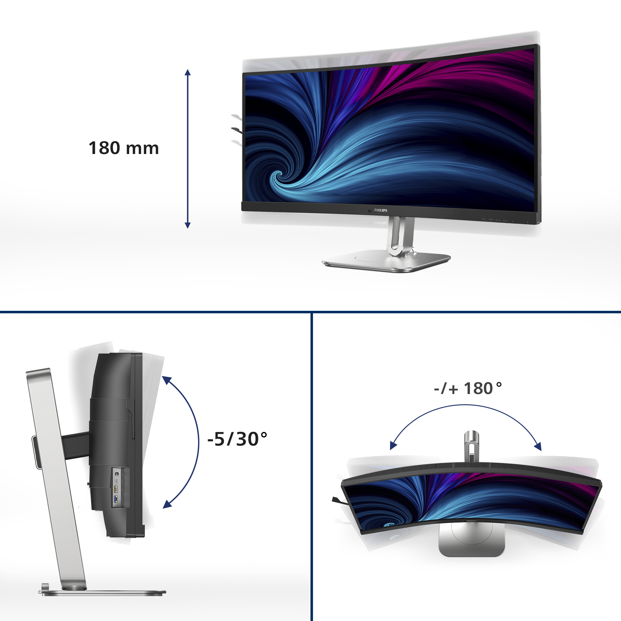 Trzy obrazy zakrzywionego monitora komputera, pokazujące różne kąty regulacji i funkcje.